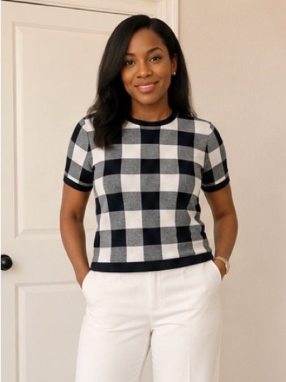 Brooks Brothers Black and White Check Crewneck Sweater